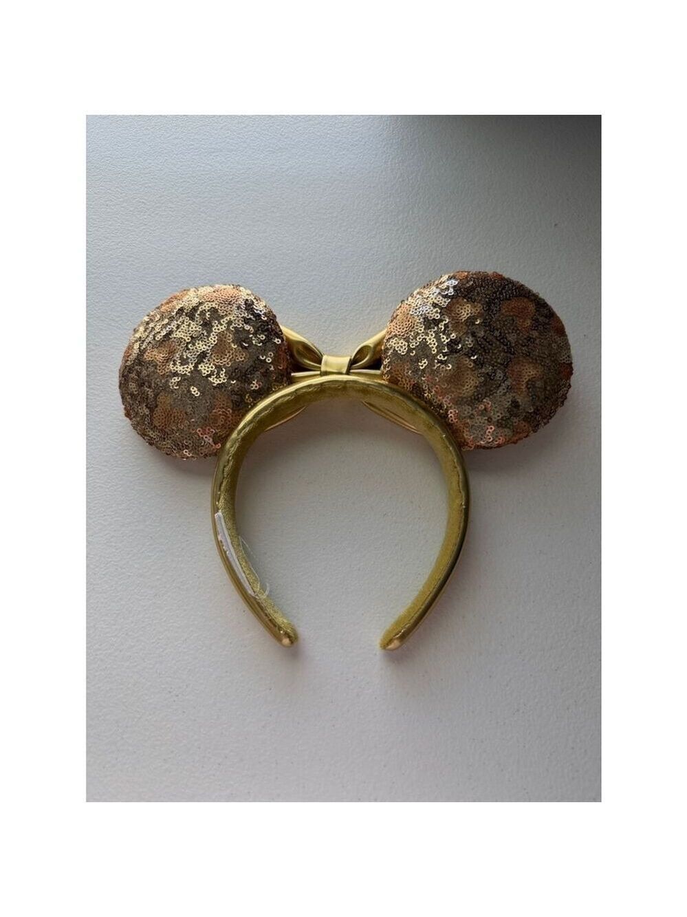 Disney Parks Gold Sequin Minnie Mouse Ears Headband Metallic Gold Bow - Picture 2 of 2